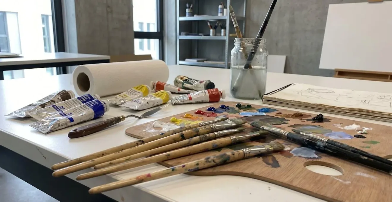 Un jeune homme manipule des pinceaux et du matériel de peinture professionnelle sur une grande table d'atelier dans une pièce lumineuse