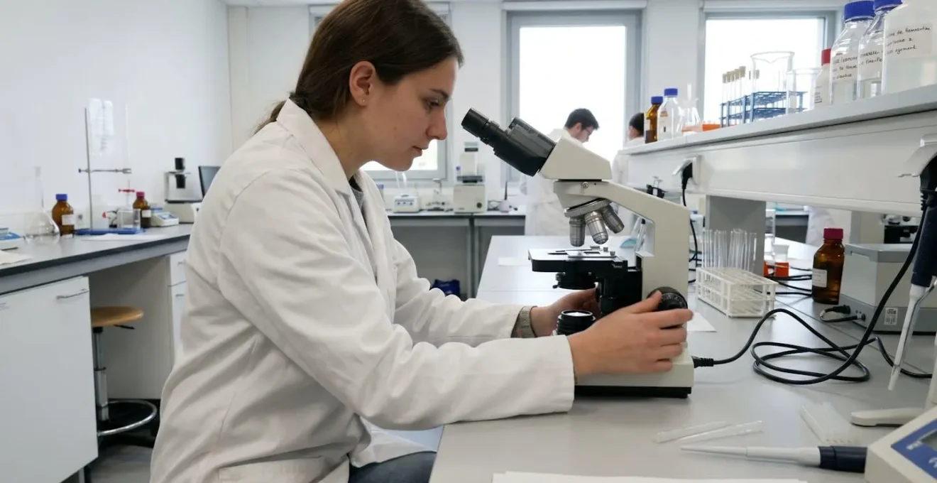 Une jeune femme en blouse blanche manipule un microscope dans un laboratoire universitaire moderne éclairé par la lumière naturelle