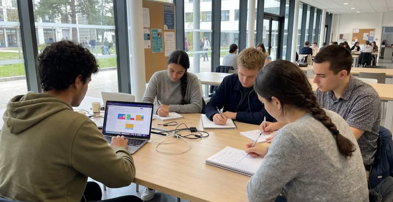 Quatre étudiants de profils variés discutent autour d'un smartphone dans un espace universitaire moderne baigné de lumière naturelle