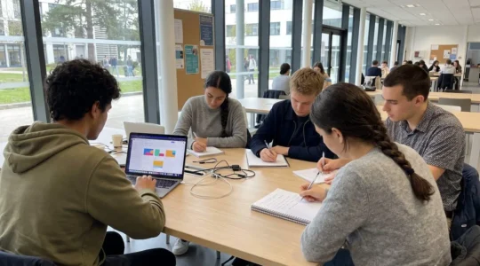 Quatre étudiants de profils variés discutent autour d'un smartphone dans un espace universitaire moderne baigné de lumière naturelle